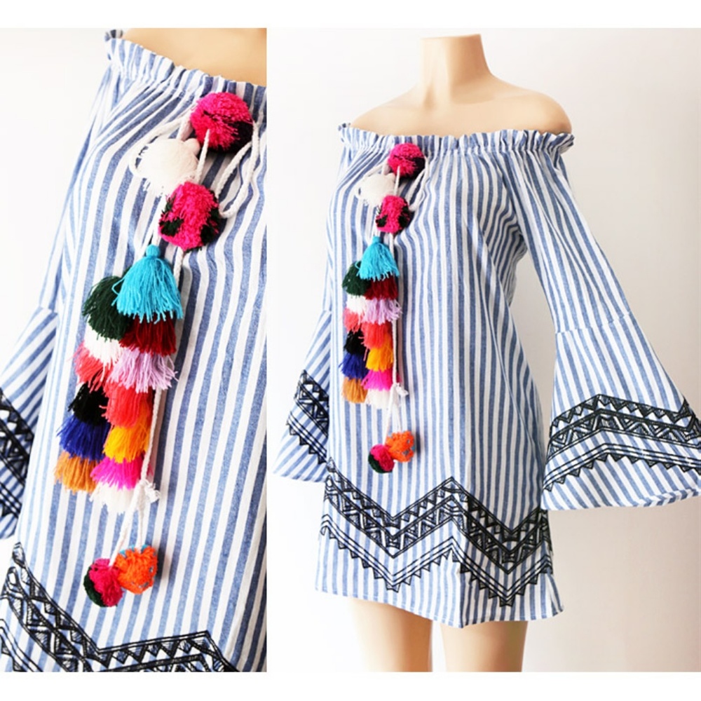 Blue Stripe Pom Pom Tassel Bell Off Shoulder Dress - Picture 3 of 8